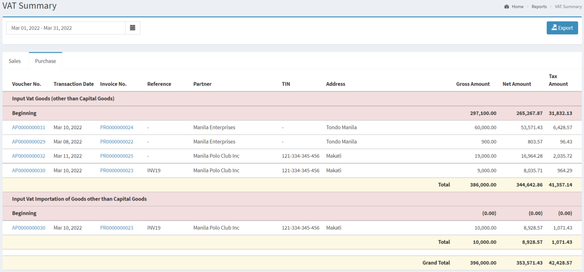 File:Tax Reports - VAT Summary - Purchase Record List.png ...